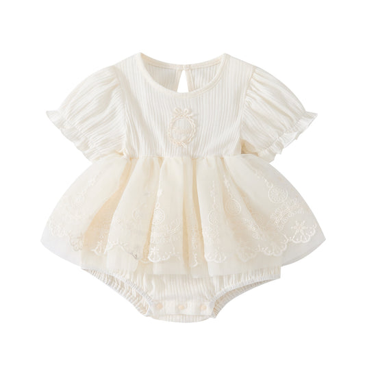 Lightweight Sweet Short Sleeve Romper for Toddlers, Knitted Ruffle Design, Lace Embroidered Baby Girls' Onesie